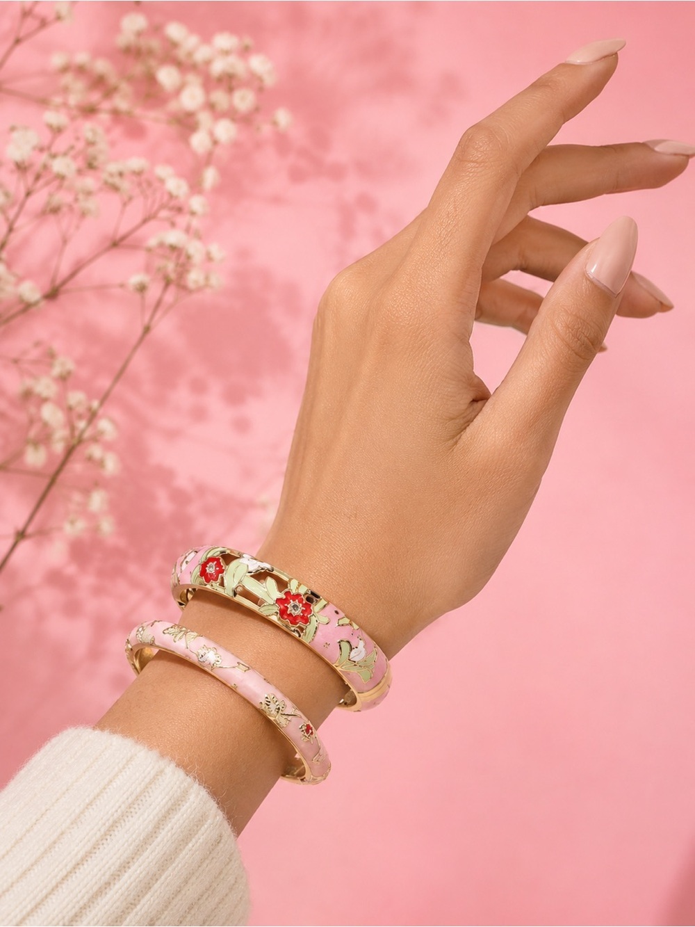 Pink Floral Enamel Bangle Bracelet Set